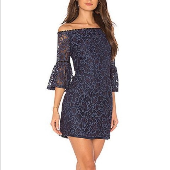 DANLYN NAVY BLUE LACE OFF-THE-SHOULDER DRESS BB DA - Picture 3 of 5